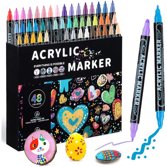 اقلام ماركر اكريليك 48 لون راسين لجميع الاسطح برأس دقيق ورأس نقطي للخشب، القماش، الحجر، السيراميك، لوازم الفنون والحرف اليدوية